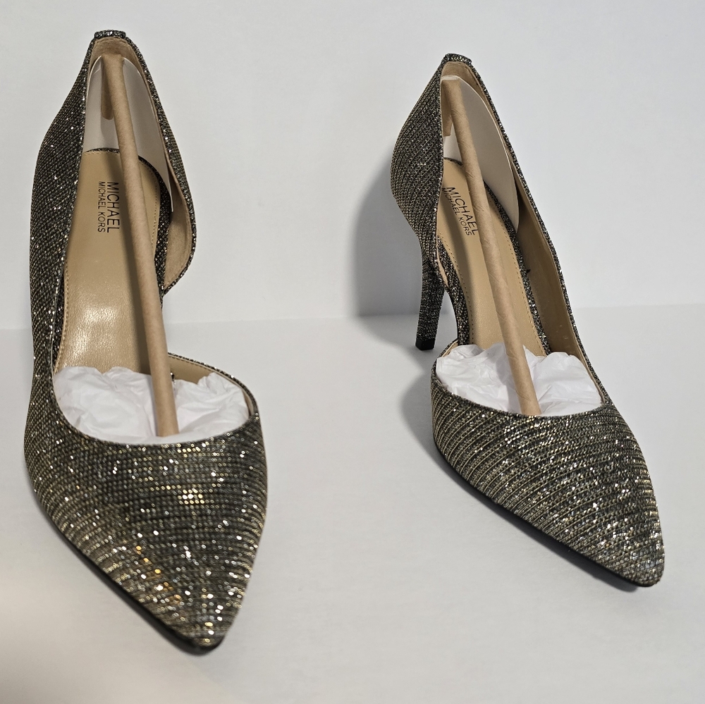 Brand New Michael Kors Nathalie Flex High Pump Black Gold Mesh, Women’s 7.5